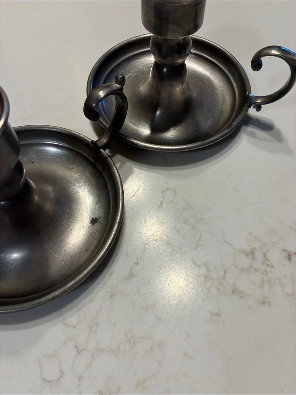 Set of large Vintage Early American Pewter Chamberstick Candle Holders by WEB